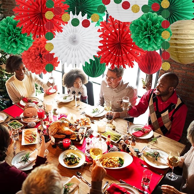 Christmas Decoration White Snowflake Paper Fans Paper Honeycomb Ball Lanterns Red Green Gold Circle Dot Garland for Christmas Party Supplies Xmas New Year Decorations