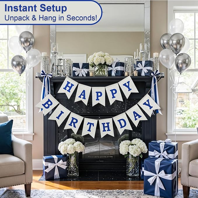 Happy Birthday Banner - Pre‑Strung Burlap Birthday Decorations and Reusable Birthday Sign for Men, Women & Kids | Party Supplies Backdrop (Navy Blue)