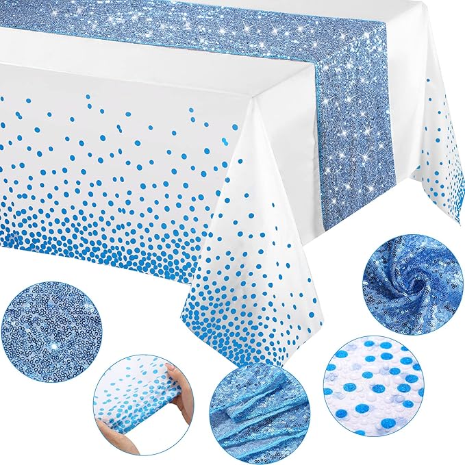 Irenare Tablecloth and Sequin Table Runner Set Polka Dots Confetti Table Cover Dining Plastic Tablecloths Glitter Decorations for Birthday Wedding Anniversary Party Supplies(White, Blue,2 Pcs)