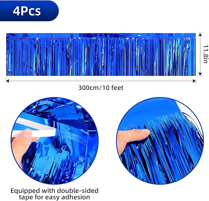 4 Packs Foil Fringe Garland Tinsel Streamers Shiny Wall Hanging Birthday Banner Backdrop for Graduation Wedding Anniversary Celebration Happy Birthday Party Decorations Blue