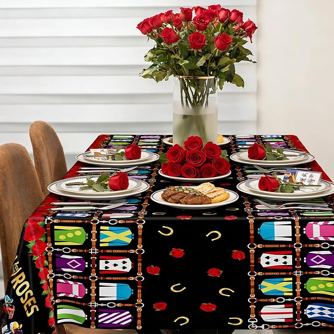 QZYL 2 PCS Derby Table Cloth, Disposable Plastic Derby Decorations, 54 x 108 Inch Horse Tablecloth, Run for The Roses Kentucky Racing Rectangle Tablecover Horse Decorations for Party Supplies