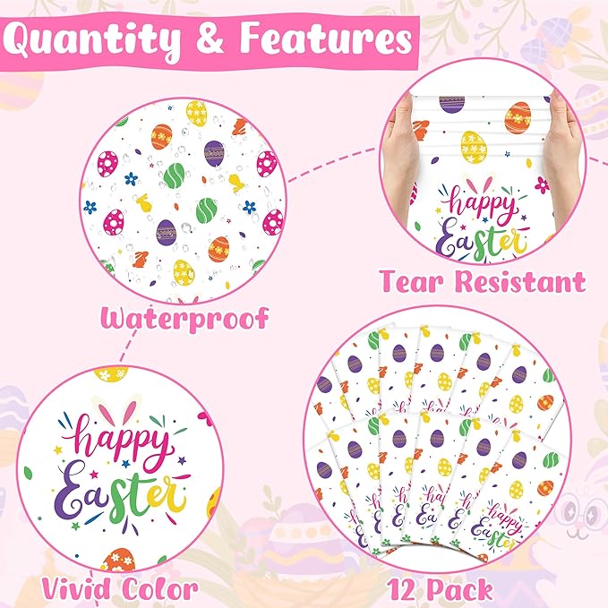QZYL 12 Pack Easter Tablecloths Rectangular, 54" x 108" Disposable Easter Tablecloth Easter Decorations, Plastic Eggs Bunny Spring Tablecloth, Easter Table Cloth for Picnic Party Decorations Supplies