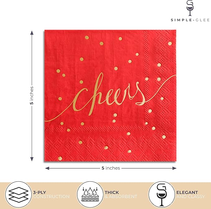 Red & Gold Cocktail Napkins - Disposable, 3 Ply, Paper, Decorative, Christmas, Love Napkins - Pack of 100