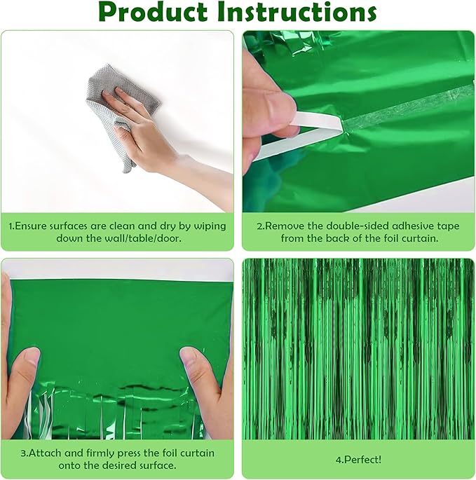 Green Tinsel Backdrop Curtains - 2 Pack Metallic Foil Fringe Streamers Photo Backdrop for Birthday Dinosaur Animal Football Golf Theme Party Decorations Wall Decor