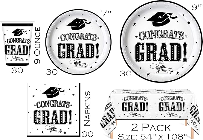 Oojami Graduation Party Supplies 2025 – Complete Set for 30 Guests with Plates, Cups, Napkins, Table Covers, Balloons, Photo Props, Banners & Card Box – Disposable Black & White Decor Kit