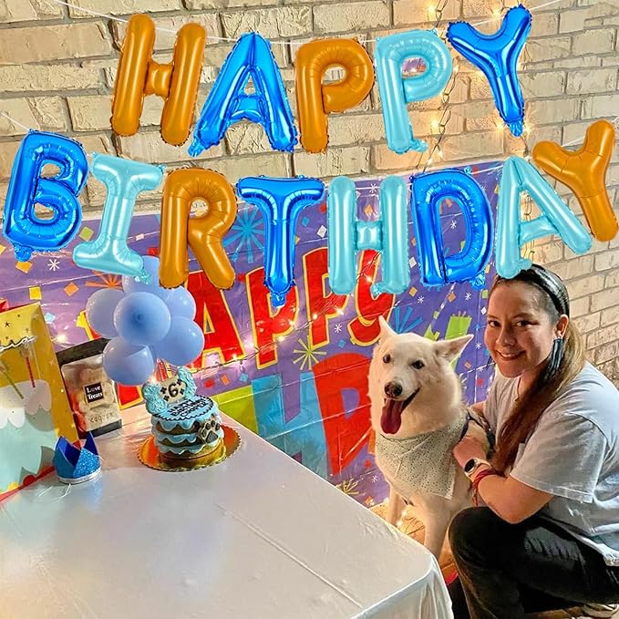 TONIFUL Happy Birthday Balloons Banner with Ribbon Straw, 16 Inch Mylar Letters Birthday Sign Banner Balloon Bunting Reusable for Girls Boys Kids & Adults Birthday Halloween Supplies（Blue Orange）