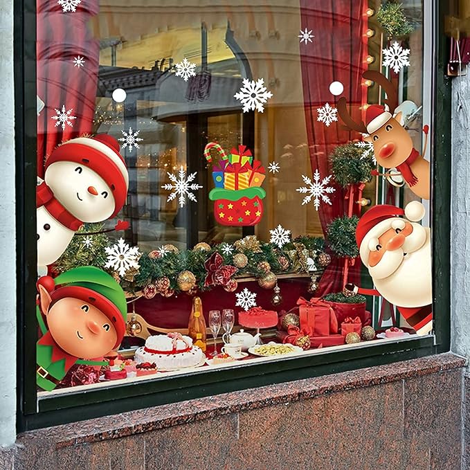 XIMISHOP 82PCS Christmas Snowflake Window Clings Stickers for Glass, Xmas Decals Christmas Decorations Indoor Holiday Snowflake Santa Claus Reindeer Decals for Party