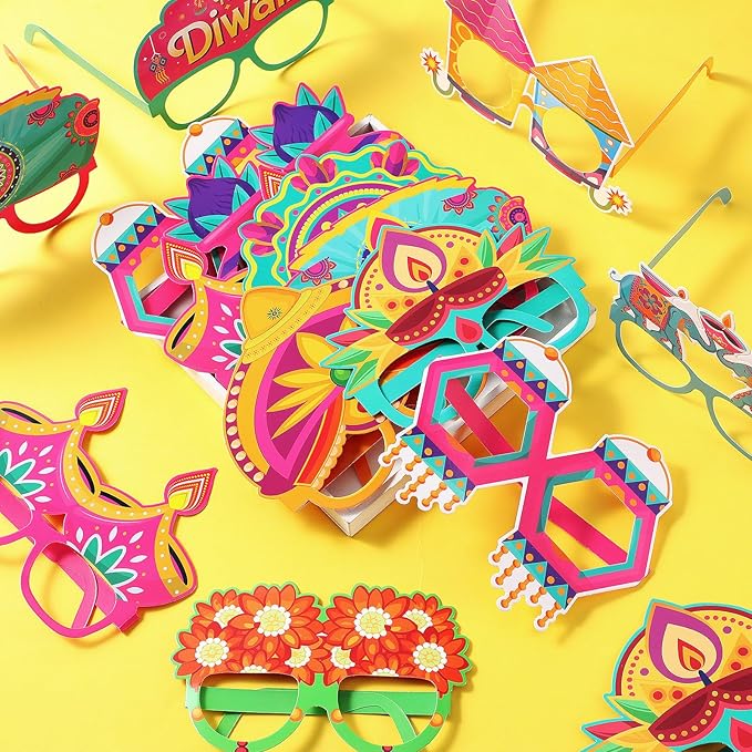 Pajean 32 Pcs Diwali Decorations Happy Diwali Eyeglasses Paper Glasses Frame Festival Deepavali Photo Booth Props Festival Party Favors for Indian Birthday Party Supplies
