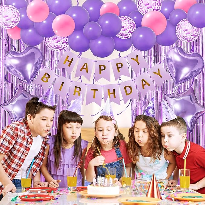 Pink Purple Birthday Decorations, Bday Party Supplies for Women Girls Princess with Happy Birthday Banner, Confetti Balloons, Fringe Curtain, Heart Star Foil Balloons, Hanging Swirls