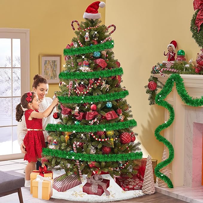 25 Feet Christmas Tinsel Garland, Metallic Twist Garland Wall Hanging Tinsel Garland Backdrop for Parade Floats, Carnival, Birthday, Wedding, New Year Party Decorations (Green, 4in x 25ft)