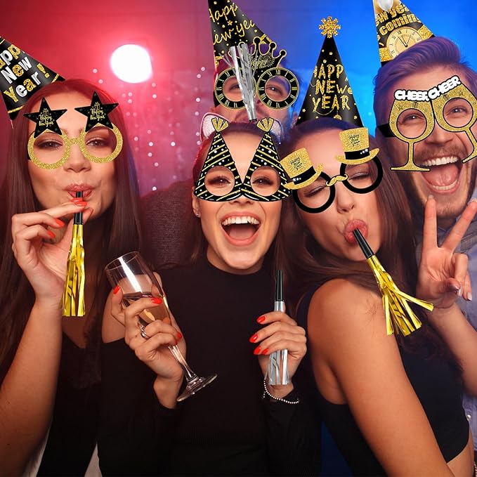 Openfly 24Pcs New Years Eve Party Supplies 2026 Happy New Years Party Headband Hats New Year Glasses New Year Noise Makers