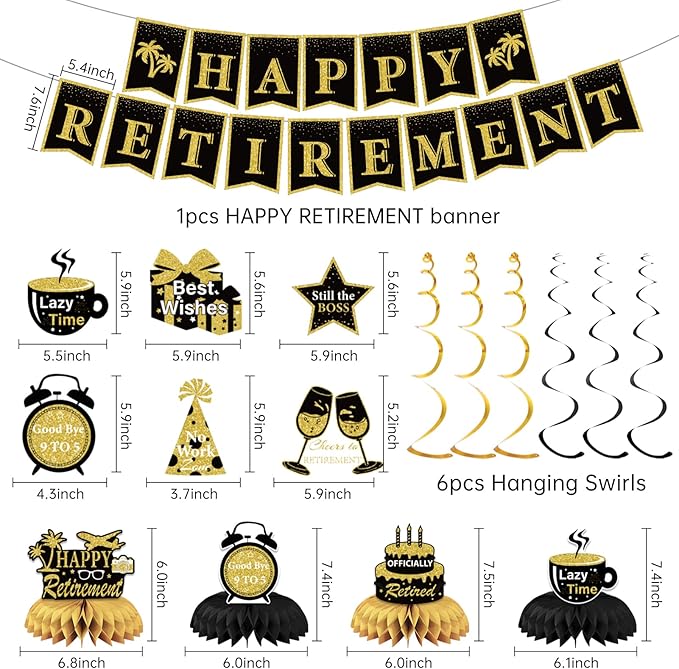 Retirement Party Decorations, Black Gold Happy Retirement Decorations Supplies - Banner Backdrop, Decorations Stickers, Retired Sash, Hanging Swirls, Foil Balloons, Honeycomb Centerpieces
