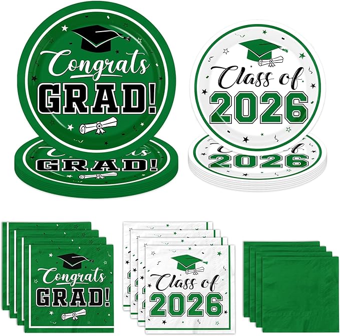 Graduation Party Plates and Napkins Green Class of 2026 Grad Congrats Party Supplies Disposable Dessert Paper Plates Cocktail Napkins forGraduation Party Decorations,Serve 50