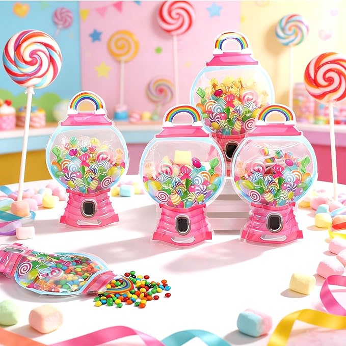 ReliThick 50 Pcs Candyland Goodie Bags with Handles, Sealed Plastic Bubble Gum Machine Treat Candy Bags Bulk Bubble Gum Gift Pouch for Candy Party Favors Snack Birthday Supplies Decorations