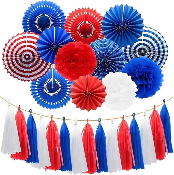 Red White & Blue Paper Tassels Garland Banner - Patriotic Tassel Decor for Birthday, Baby Shower, Family Party, Graduation, Engagement (30-Pack)