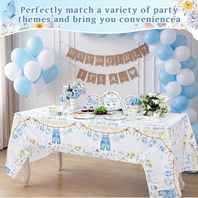 Pickmesh 194 Pcs It's a Boy Sweet Baby Shower Decorations for 24, Spring Blue Floral Baby Shower Paper Plates and Napkins Cups Tablecloth Cutlery for Gender Reveal Party Supplies