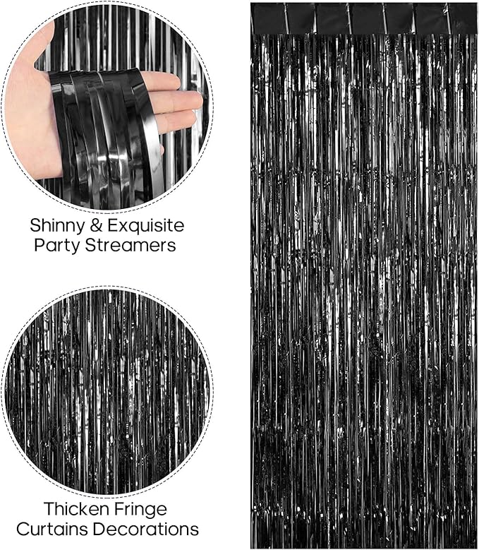 2 Pack Fringe Curtains Backdrops, Foil Fringe Curtains, Door Streamers for Birthday Wedding Bridal Shower Holiday Graduation Party Decorations, Photo Booth Backdrops, Black