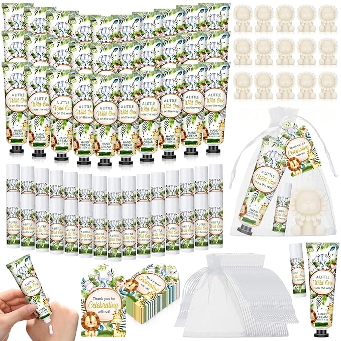 Loopeer 30 Set/150 Pcs Jungle Safari Baby Shower Favors for Guests Gifts Hand Cream Lip Balm Soap Party Favors Gifts Travel Size with Organza Bags, Thanks You Card for Baby Shower Birthday Wedding