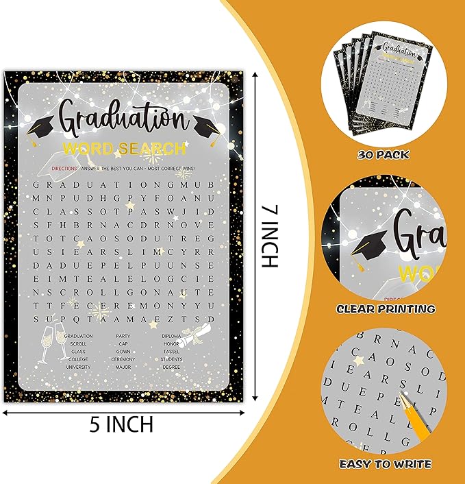 Graduation Party Games - Word Search Game Cards for The Graduate - Graduation Party Decorations 2024 - Gold & Black Grad Celebrations Party Supplies for High School/College - 30 Game Cards(G01)