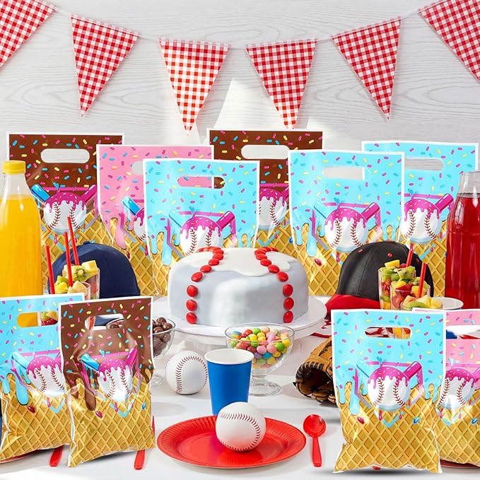 Glenmal 50 Pcs Baseball Ice Cream Drip Party Favors Gift Bags Plastic Ice Cream Baseball Goodie Candy Treat Snack Bags for Birthday Party Supplies