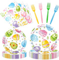 96 Pieces Easter Egg Paper Plates and Napkins Party Supplies, Colorful Eggs Disposable Tableware with Paper Plates Napkins and Forks for Spring Celebrations, Easter Day Party Favors - Serves 24