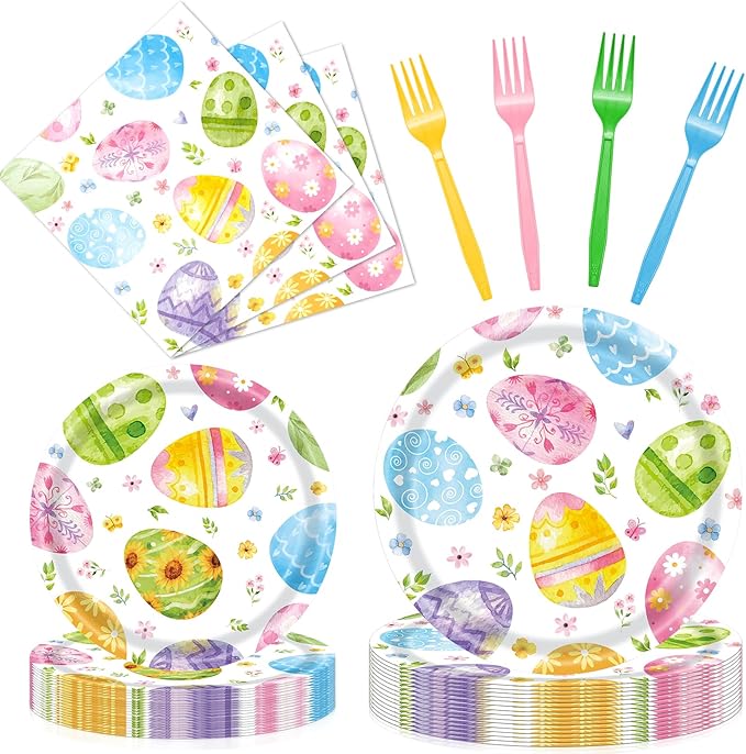 96 Pieces Easter Egg Paper Plates and Napkins Party Supplies, Colorful Eggs Disposable Tableware with Paper Plates Napkins and Forks for Spring Celebrations, Easter Day Party Favors - Serves 24