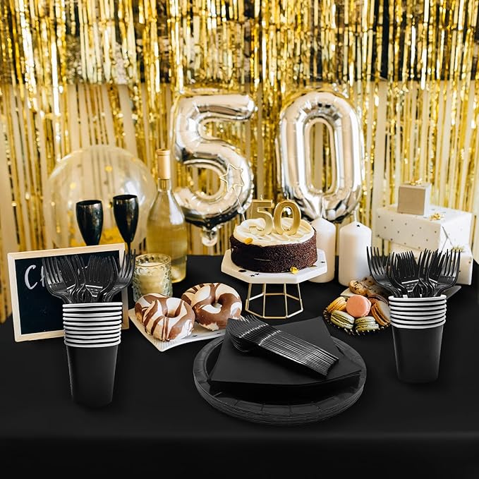 Severs 25 Guests Black Paper Plates 9 Inch,Bulk Black Paper Plates Cups Napkins and Tablecloth,Disposable Cake Plates Paper Plate Black for Birthday Wedding Party