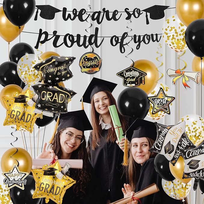 Graduation Decorations 2026,We Are So Proud of You Banner, Black and Gold Confetti Balloon,Foil Balloons, Hanging Congrats Grad Swirls for High School,College Graduation Party Supplies