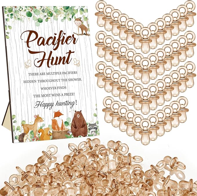 Thyle 51 Pcs Woodland Animals Pacifier Hunt Baby Shower Games Forest Animal Baby Shower Game Decoration Include Hunt Sign and Acrylic Pacifiers Woodland Themed Gift Sets for Gender Reveal Party Decor