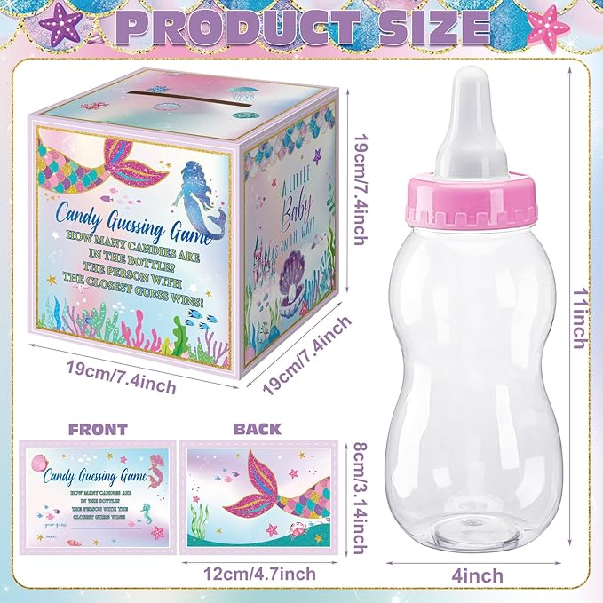 Glenmal 52 Pcs Baby Shower Games Gift Sets Large Baby Bottle for Shower Game Guess How Many Candies Decorations for Gender Reveal(Mermaid)