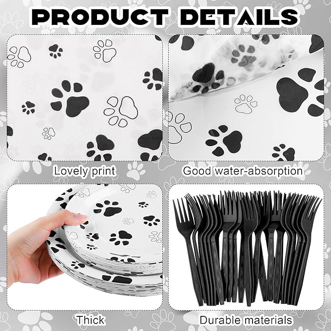 Kochorie 144 Pieces Black Paw Print Party Tableware Sets Including Disposable Plates Napkins Cups Forks Serves 24 for Dog Puppy Theme Party Supplies