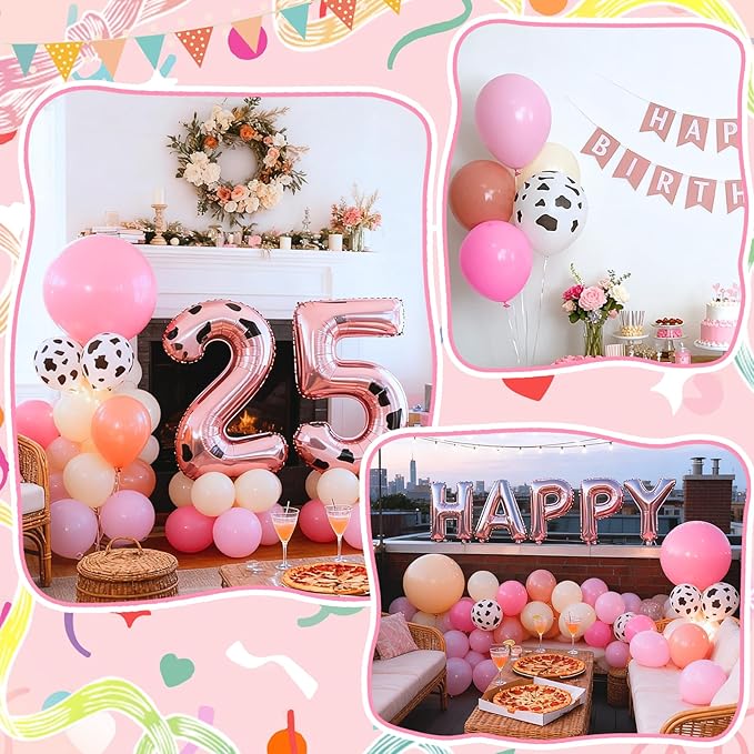 Pink Cow Print Balloons, Cow Balloons 50pcs 12 Inch Pastel Pink Macaron Pink Dusty Rose Neutral Ivory for Girl Pink Cow Birthday Western Party Baby Shower Wedding Bachelorette Farm Theme Decorations