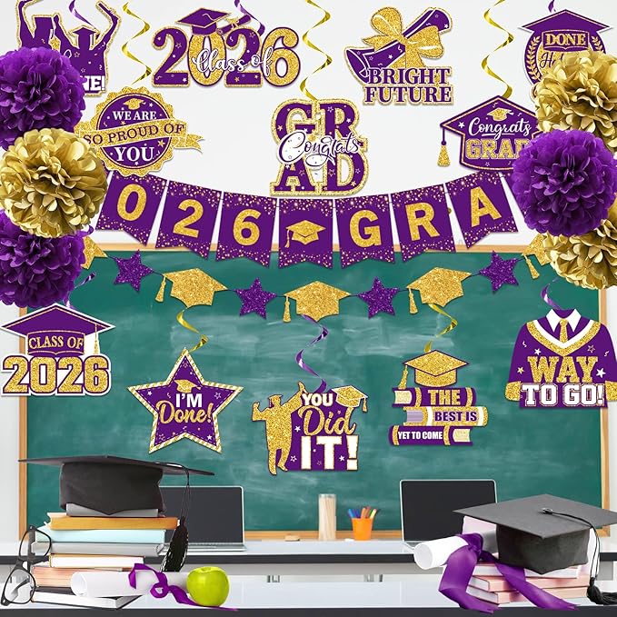Graduation Decorations 2026 Purple, 2026 Grad Banner and Congrats Grad Hanging Swirls, Purple and Gold Graduation Banner Graduations Hanging Swirls College Graduations Party Decorations Class of 2026