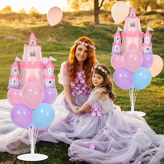 Princess Party Balloons Stand Kit 2 Sets with 2 Princess Castle Foil Balloons Pastel Blue Pink Purple Themed Party Balloon Centerpiece for Tables for Girls Baby Shower Fairytales Birthday Decorations