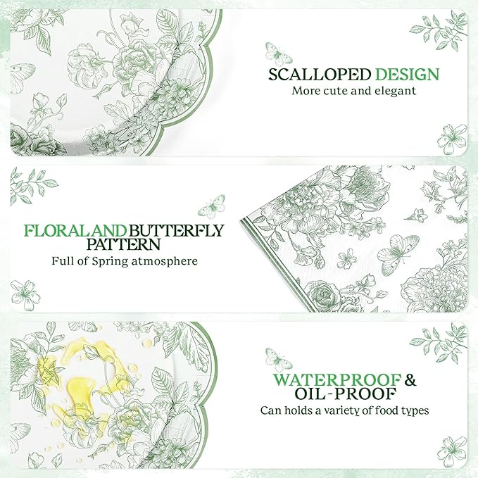 175 Pcs Sage Green Floral Plates and Napkins 25 Guest Scalloped Toile Chinoiserie Party Supplies Includes Floral Plates Napkins Cups Plastic Cutlery for Wedding, Bridal&Baby Shower, Tea Party