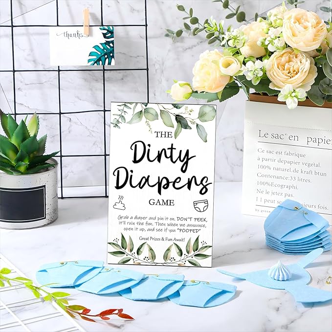Roowest 51 Pcs Dirty Diaper Baby Shower Games Funny Wooden Sign with 50 Pcs Mini Diapers Cute Felt for Gender Reveal Party Baby Shower(Greenery Blue)