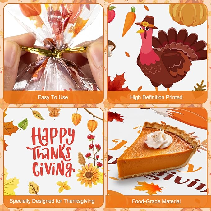 Litmitfu 100 Pcs Happy Thanksgiving Treat Bags - Plastic Fall Thanksgiving Gift Bags, Clear Autumn Goodie Candy Favor Cellophane Bag with Gold Twist Ties for Thanksgivings Party Favors Supplies