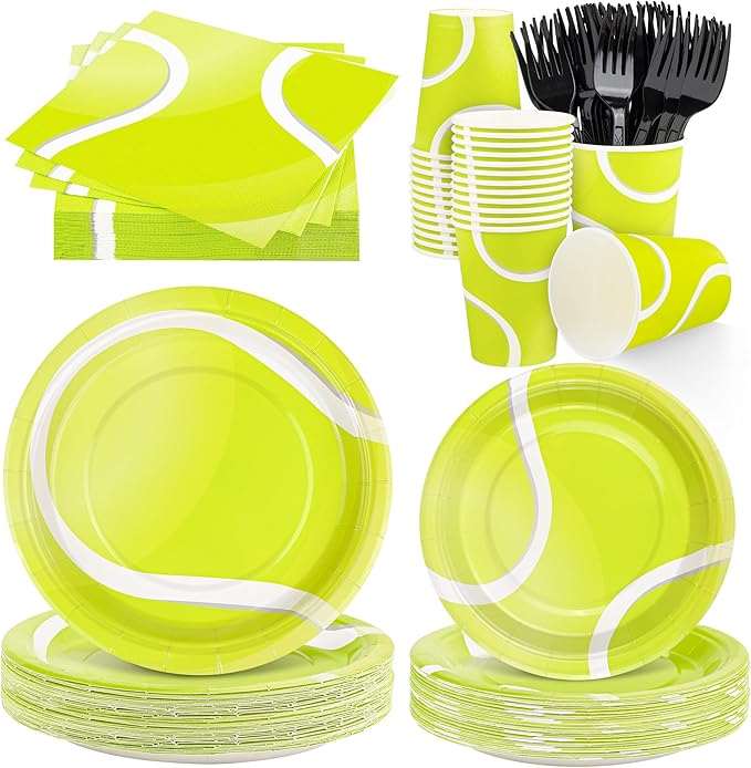 Durony 144-Piece Tennis Paper Plates & Napkins Dinnerware Set - Birthday Party Tableware Supplies Includes Plates, Napkins, Forks - Serve 24 for Sports & Tennis Parties
