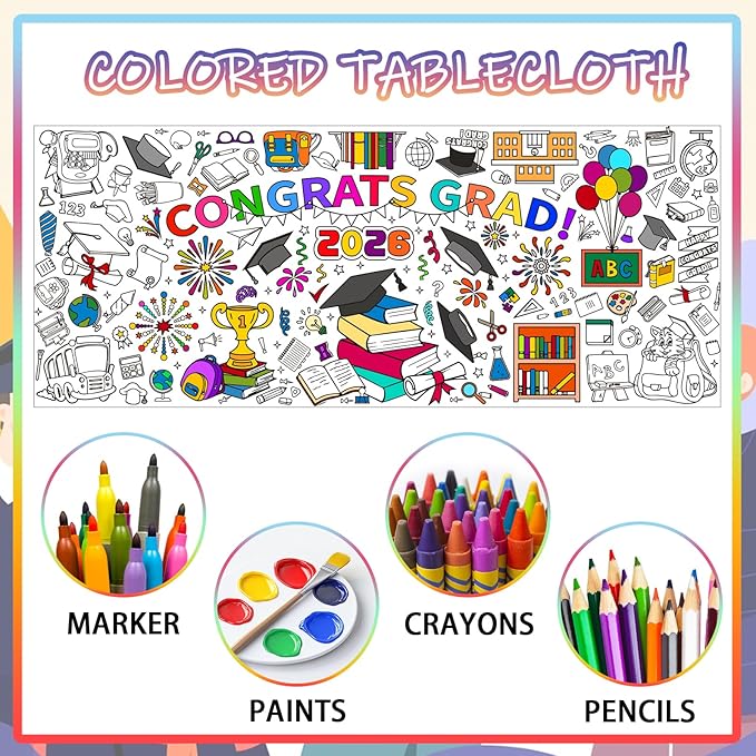 Graduatio Giant Coloring Poster,30x72 Inch Graduation Drawing Coloring Tablecloth DIY for Kids Preschool Graduation Activities Home Classroom Party Suppiles Large Congrats Card Coloring Table Cover