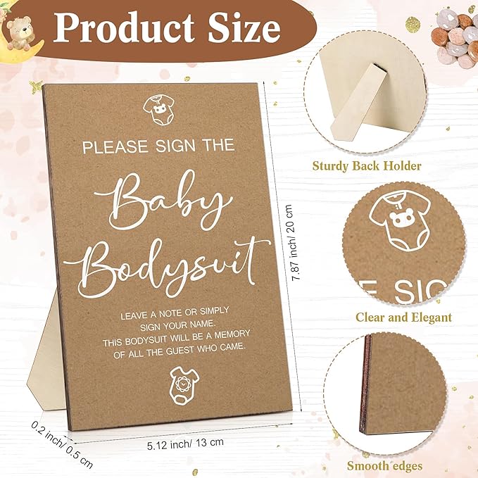 Qunclay 12 Pcs Baby Shower Game Decor with White Unisex Bodysuit Wooden Sign Tabletop Decor and Marker for Guests(Kraft)