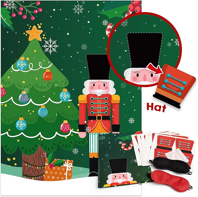 Christmas Pin The Hat On The Nutcracker Game Poster with 24 Pcs Stickers Blindfolds Fun Xmas Winter Holiday New Year Birthday Activities Party Favors Decorations Supplies for Family Gathering