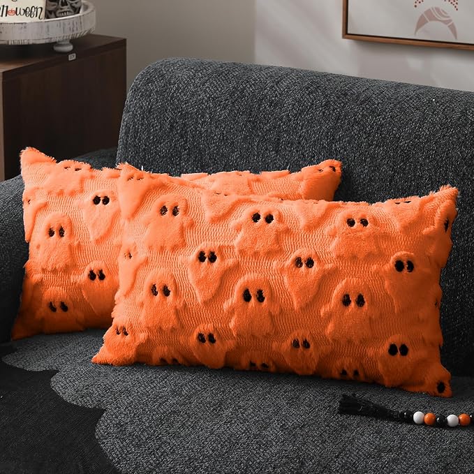 DFXSZ Halloween Pillow Covers 12x20 inch Set of 2 Orange Ghost Throw Pillow Cases Soft Plush Faux Fur Wool Couch Cushion Case for Chair Sofa Bedroom Living Room Home Decor PTK03C12