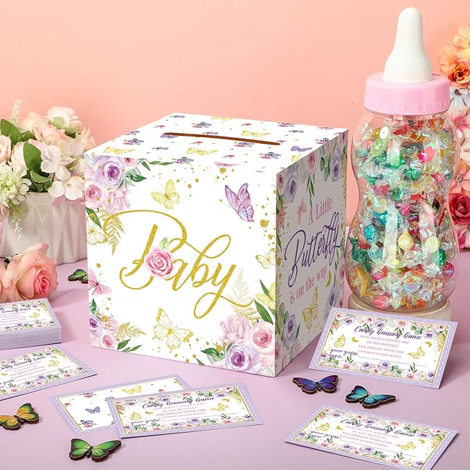 Glenmal 52 Pcs Baby Shower Games Gift Sets Large Baby Bottle for Shower Game Guess How Many Candies Decorations for Gender Reveal(Butterfly)