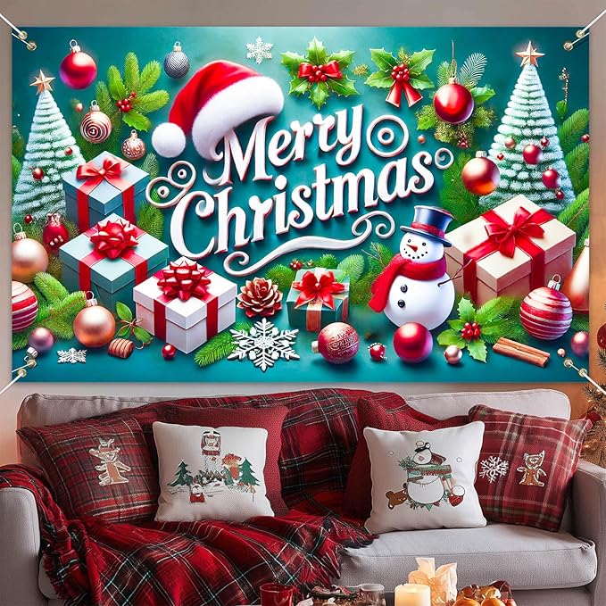 Christmas Banner Merry Christmas Snowman Gift Tree Backdrop Green Red White Holiday Wall Decoration Party Photo Prop Indoor Outdoor Scene for Home Office 71 X 43 Inches