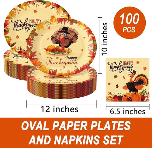 100Pcs Thanksgiving Oval Paper Plates and Napkins Set, 10" x 12" Turkey Designed Party Plates, Large Disposable Dinner Plates for Fall Party and Thanksgiving Day