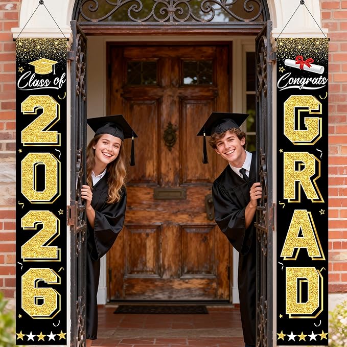 Graduation Decorations 2026 - Black and Gold Graduation Banner Class of 2026 Congrats Grad Party Supplies Decorations Door Banner 2026 for Graduation Decor