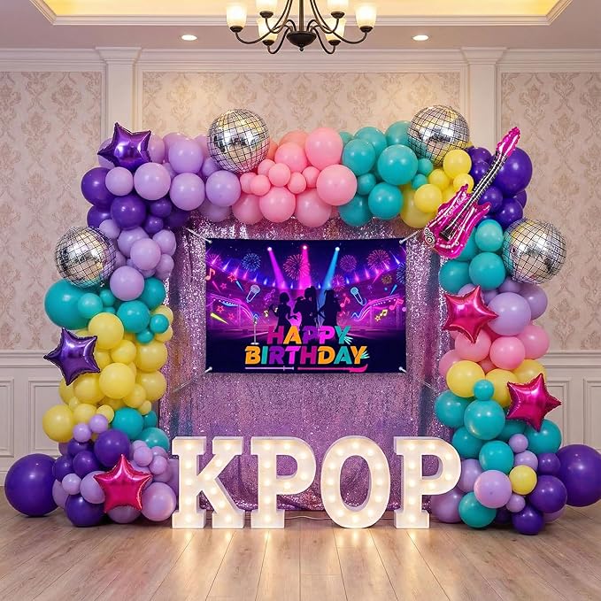 Purple pink teal kpop theme Balloon Arch Garland Kit with backdrop Musical symbols Disco Star mylar balloons for kpop music Birthday Decorations Y2K Concert Movies Tv fans Party Supplies