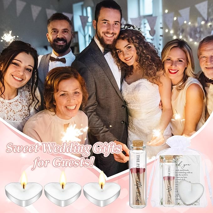 Wovnet 50 Sets Wedding Party Favors for Guests Bulk Including Heart Shaped Candles and Empty Matches Jars with Cork Top Thank You Cards and Organza Bags for Wedding Bridal Shower Party (Boho Flower)