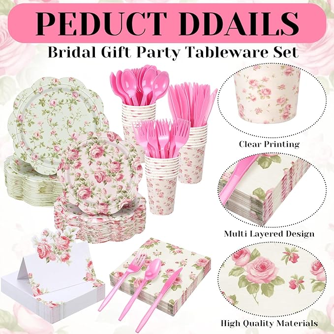 Shellwei 410 Pcs Pink Rose Tea Party Decorations Elegant Floral Paper Plates and Napkins Set Disposable Party Tableware Sets with Cups Knives Forks Spoons Seat Card Favors for 50 Guests