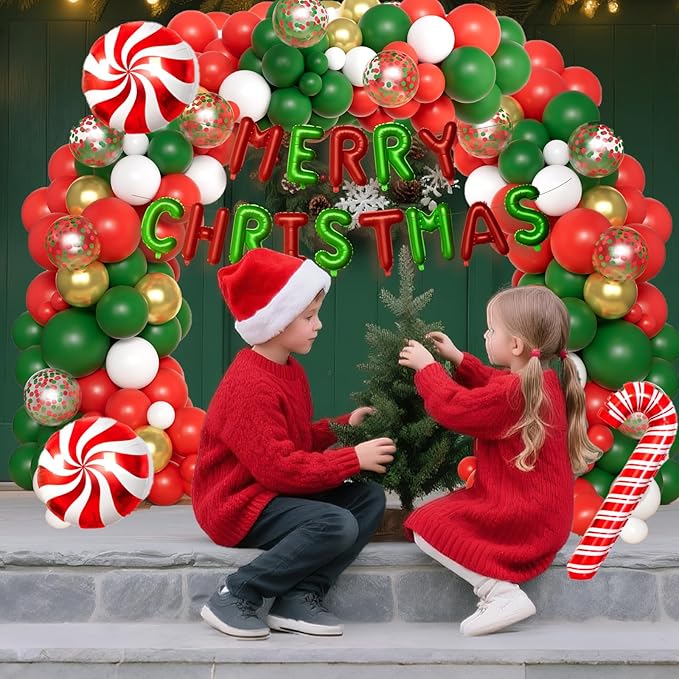 Christmas Party Decorations Christmas Balloon Arch Kit with Metallic Fringe Curtains, Merry Christ mas Banner and Candy Cane Balloons for Friendsmas Xmas Birthday Party Decorations